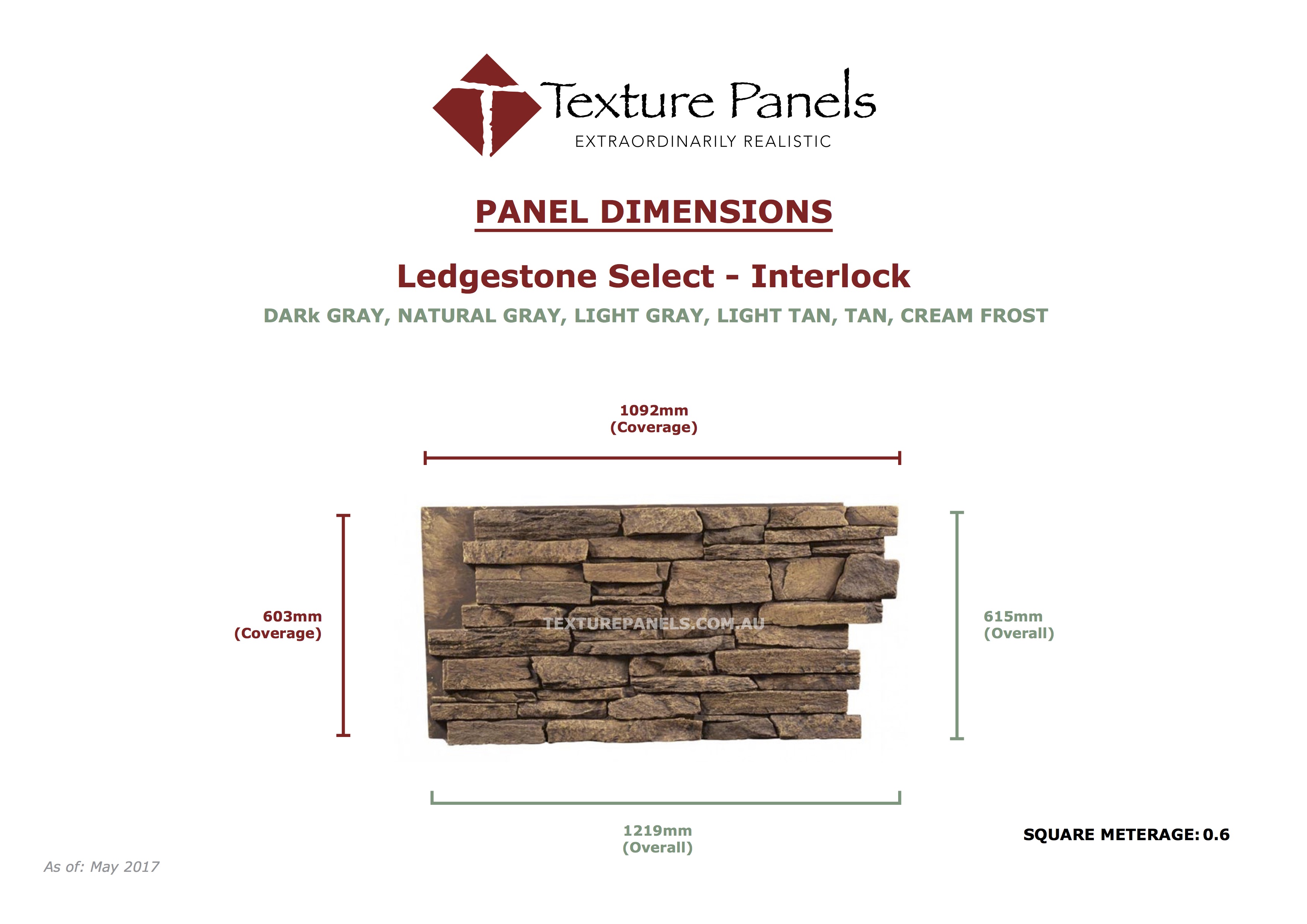 Ledgestone Select Panels Interlock Rose Frost Dimensions
